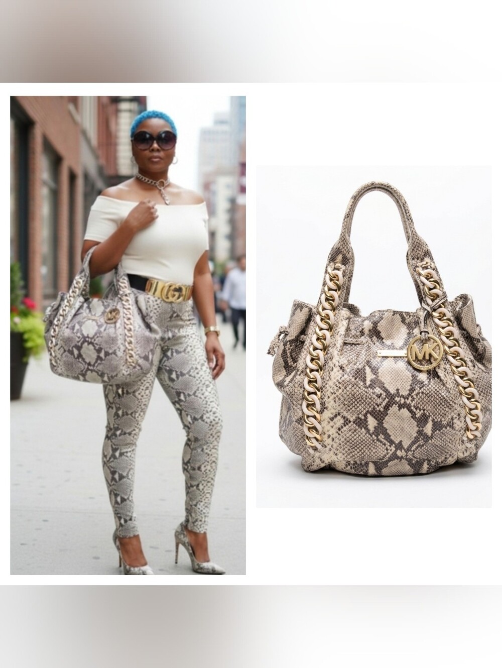 Michael Kors Cream and Tan Snake Print XL Shoulder Bag NWOT